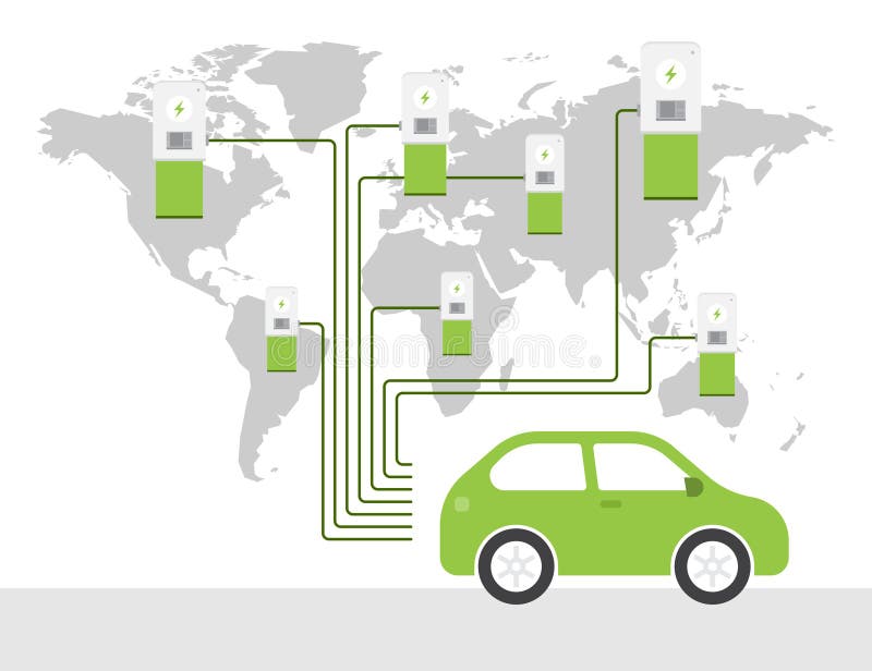 World map with charging stations for electric cars eco green energy concept