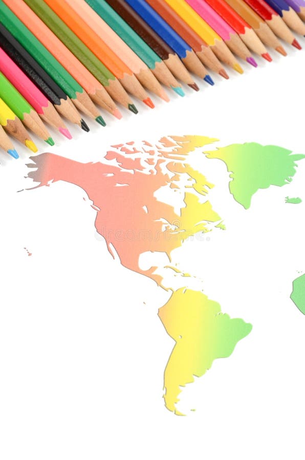 World map and color pencil stock image. Image of color 25478619