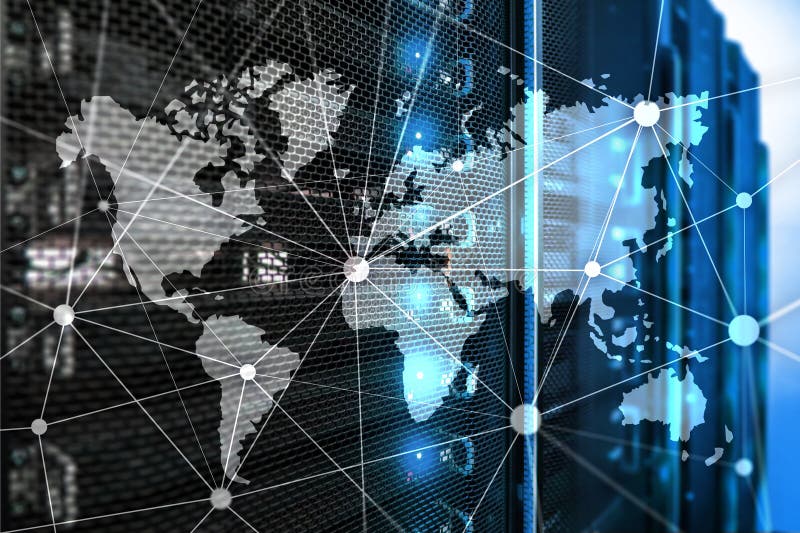 World map with communication network on server room background stock photos