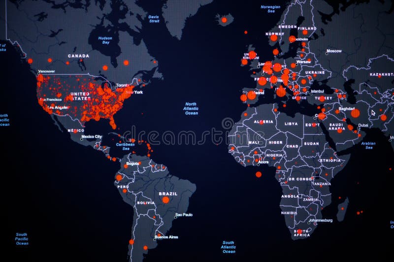 World Map. Coronavirus COVID-19 global cases Map. Red Dot showing the number of infected. Johns Hopkins University map on monitor