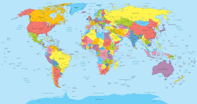 Ilustraciones de alto mapa político del mundo diferente colores cada países.