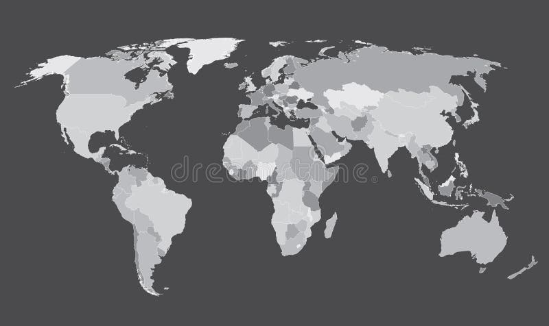 Mappa del mondo i paesi grigio sfumato con ombra.