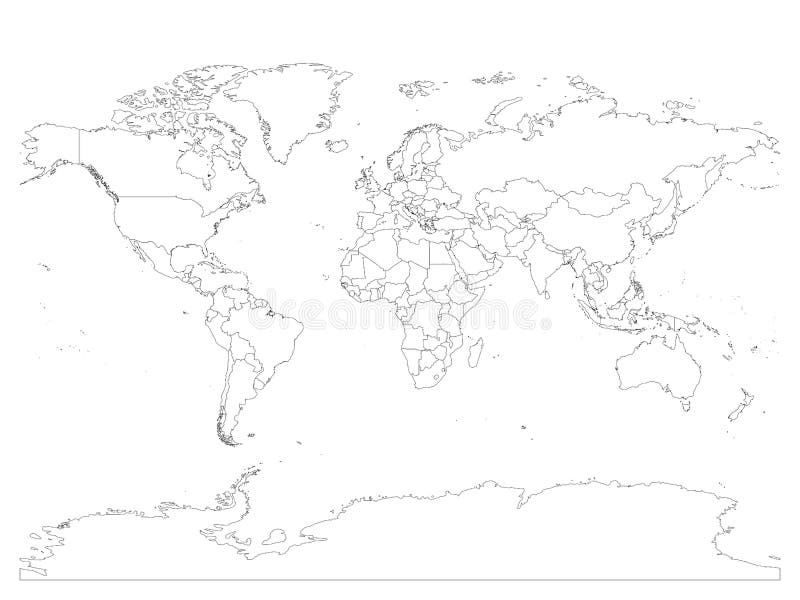 World map with country borders, thin black outline on white background. Simple high detail line vector wireframe royalty free illustration