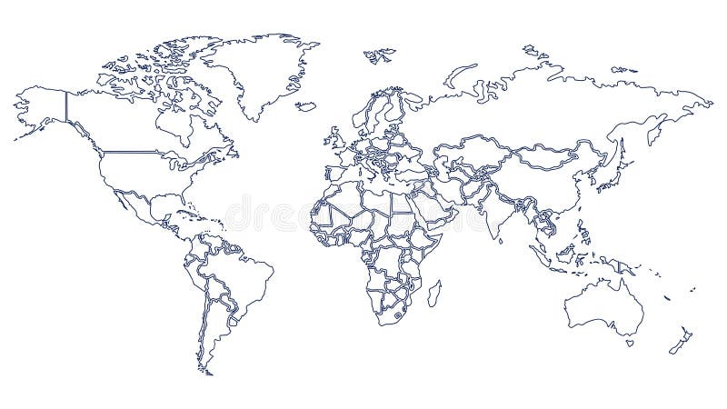 World Map With Country Borders Thin Blue Outline On White Background