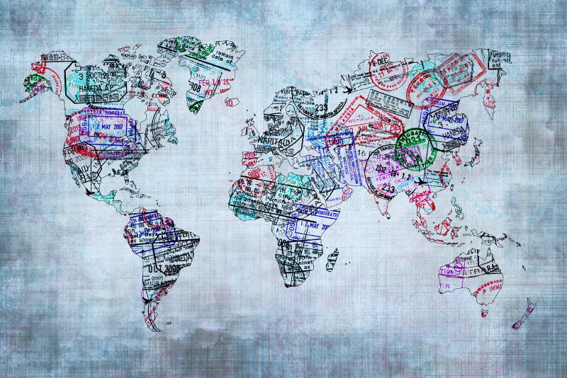 Mappa del mondo creato con timbri sui passaporti, il concetto di viaggio.