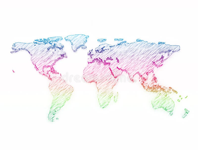 World map 3d pencil sketch multi color vector illustration