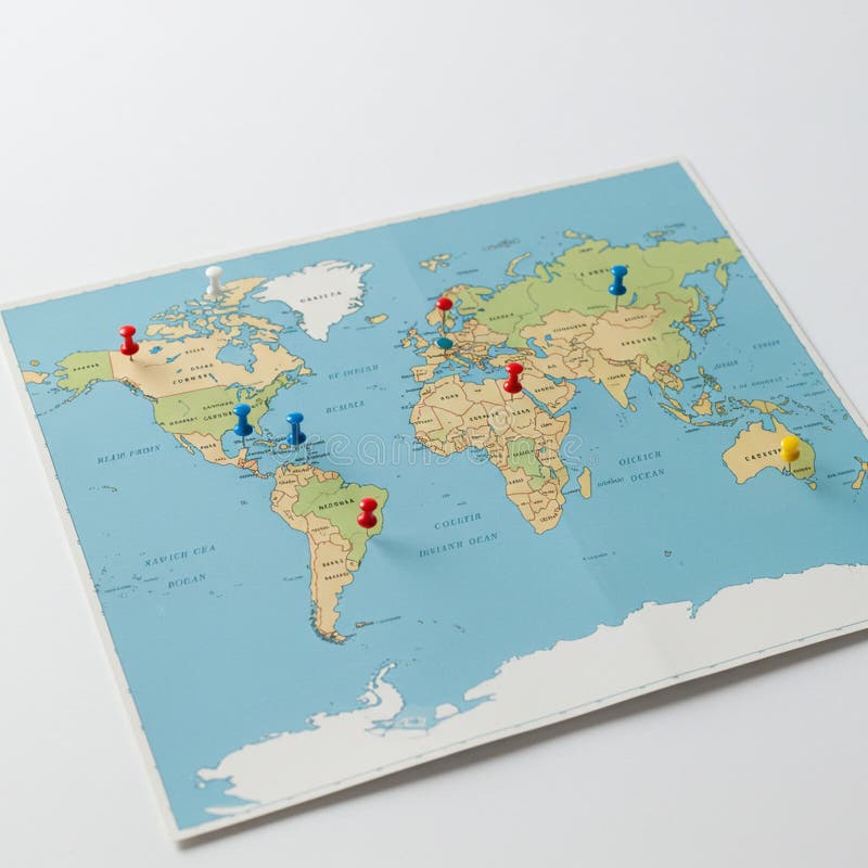 World map displayed on a flat surface with various colored push pins marking specifi stock illustration