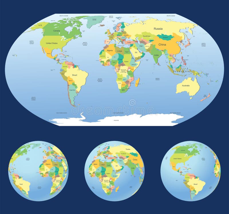 World map with earth globes