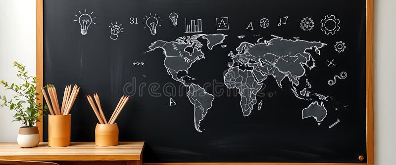 World map and educational illustrations on a chalkboard in a modern classroom setting during daytime royalty free stock images