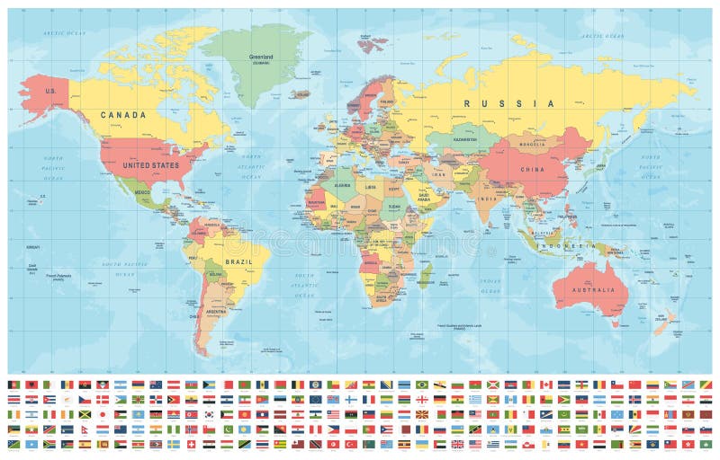 World Map and Flags - borders, countries and cities - vintage illustration vector illustration
