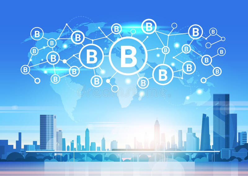 World map futuristic bitcoin icon interface network mining crypto currency connection concept cityscape background flat vector illustration World map futuristic bitcoin icon interface network mining crypto currency connection concept cityscape background flat vector illustration