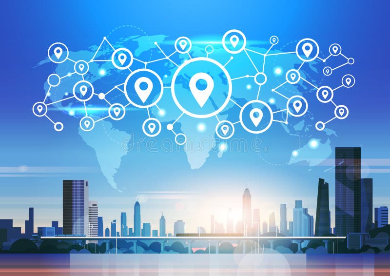World map futuristic geotag location icon interface navigation network connection concept cityscape background flat stock illustration World map futuristic geotag location icon interface navigation network connection concept cityscape background flat stock illustration