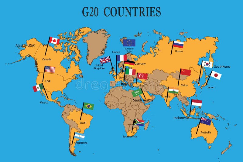 World map of the G20 countries with flags stock illustration World map of the G20 countries with flags stock illustration