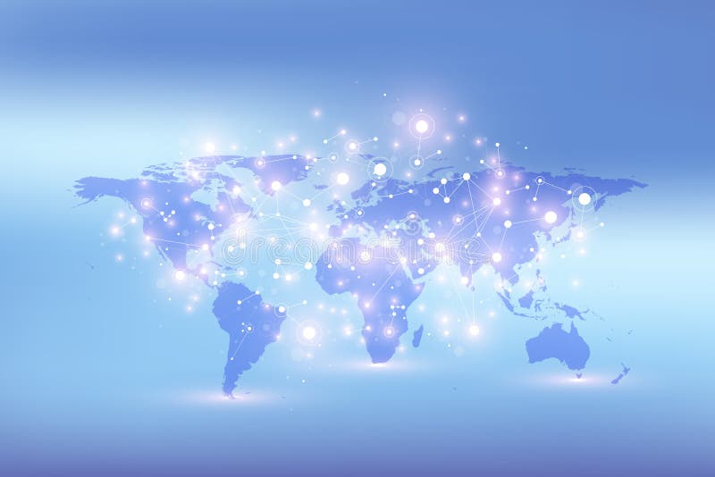 World map with global technology networking concept. Digital data visualization. Lines plexus. Big Data background royalty free illustration World map with global technology networking concept. Digital data visualization. Lines plexus. Big Data background royalty free illustration