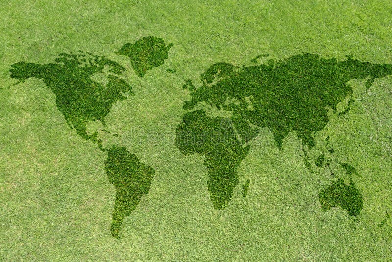 World map on green grass lawn background for global eco-friendly environment, ecological and environmental saving stock image