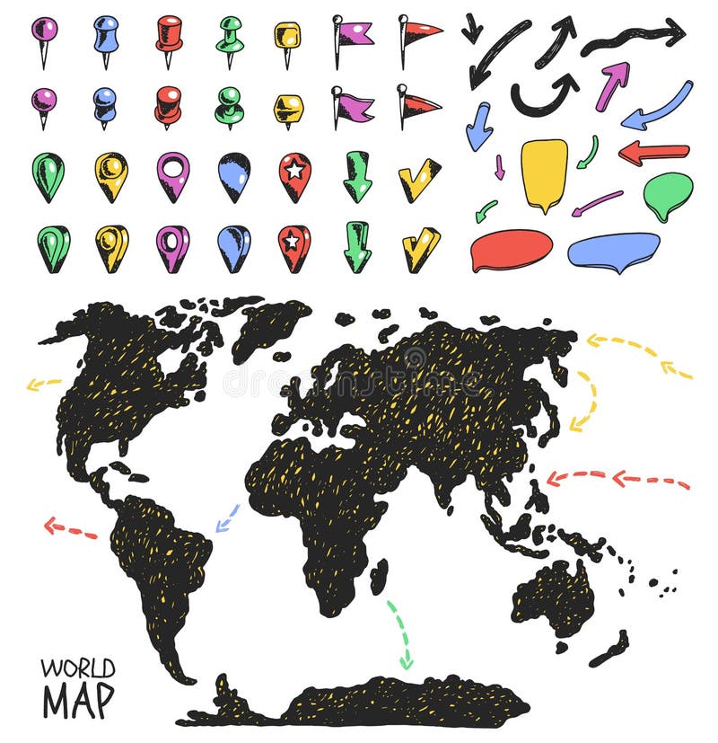 Travel map with flags map pointers and marker pens on cork board. Vector.  Stock Vector