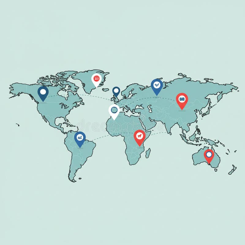 A world map illustration on a light mint background features multiple location markers vector illustration