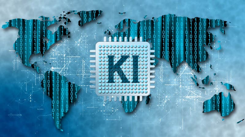 World map with inscription KI - Concept of Visualization of Artificial Intelligence on blue binary code background stock illustration