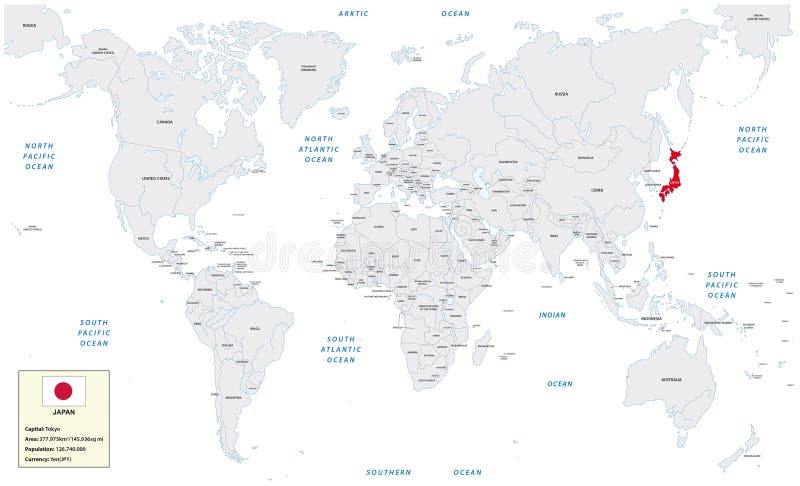 World Map With Japan Small Information Box And Flag Stock