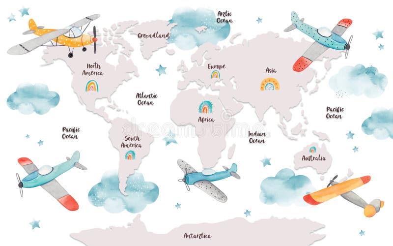 World map for kids with cartoon planes, clouds and rainbows. Children&#x27;s map design for wallpaper, kid&#x27;s room, wall art. America, Europa, Asia, Africa, Australia, Arctica. Watercolor. World map for kids with cartoon planes, clouds and rainbows. Children&#x27;s map design for wallpaper, kid&#x27;s room, wall art. America, Europa, Asia, Africa, Australia, Arctica. Watercolor.