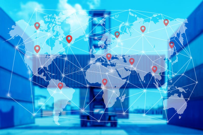 World map with logistic network distribution on background, Map global logistics partnership connection of Container Cargo freight stock images