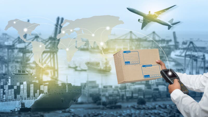 World map with logistic network distribution on background, Logistic and transport concept in front industrial container cargo royalty free stock image