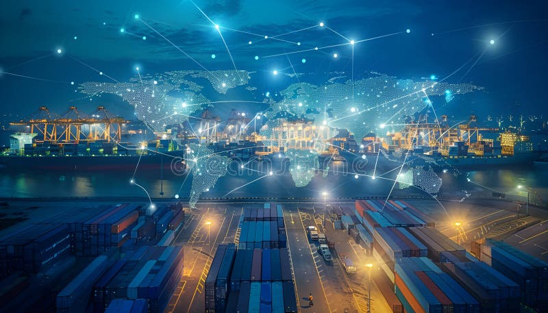 World map with logistic network distribution on background. Logistic and transport concept in front Industrial Container royalty free stock photography