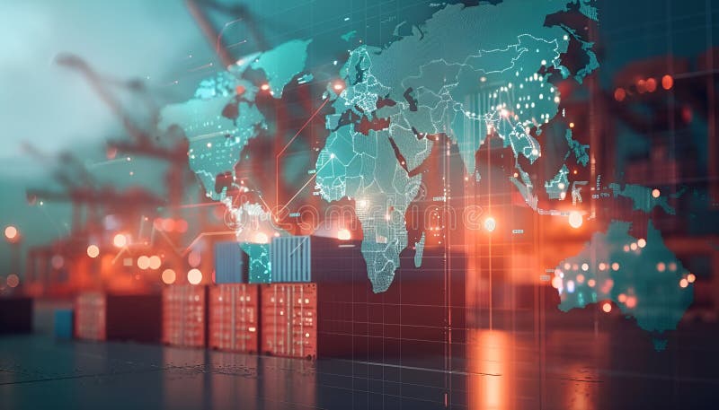 World map with logistic network distribution on background. Logistic and transport concept in front Industrial Container royalty free stock photo