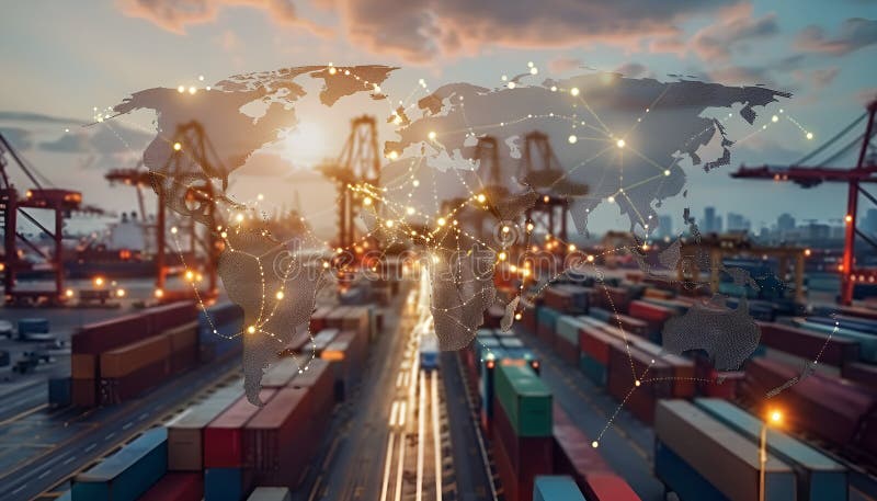 World map with logistic network distribution on background. Logistic and transport concept in front Industrial Container royalty free stock photos