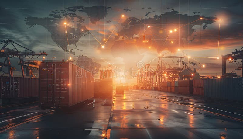 World map with logistic network distribution on background. Logistic and transport concept in front Industrial Container royalty free stock photo