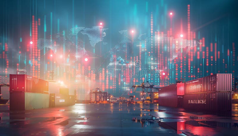 World map with logistic network distribution on background. Logistic and transport concept in front Industrial Container royalty free stock image