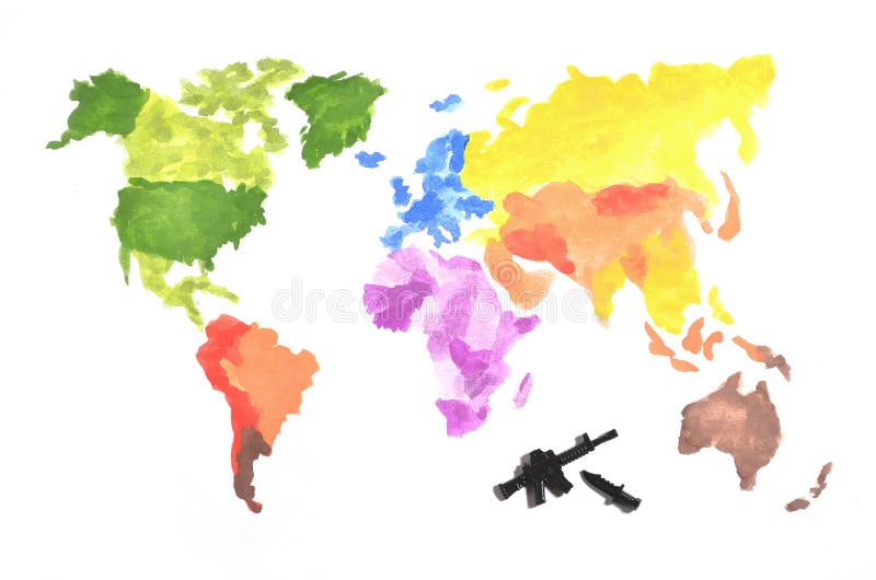 The world map is made with colored watercolor paints on white paper with the participation of a black toy gun and a knife. The concept of military operations around the world .