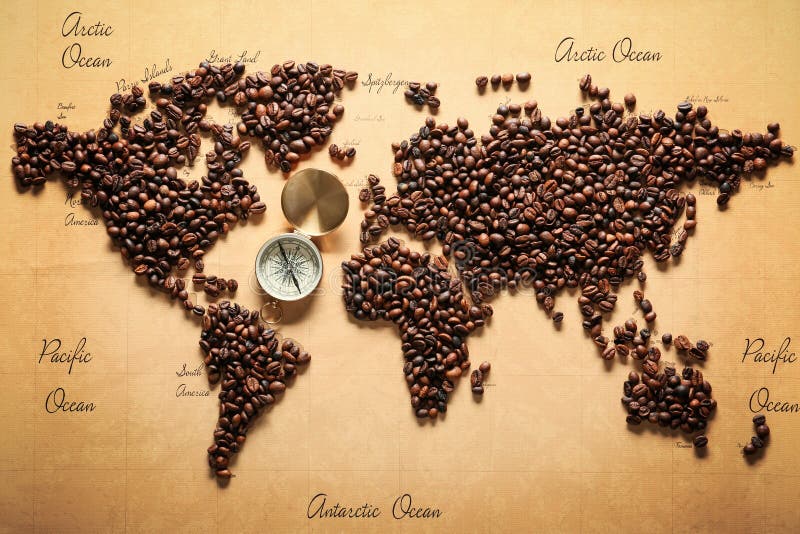 World map made of roasted coffee beans with compass, top view stock photo World map made of roasted coffee beans with compass, top view stock photo