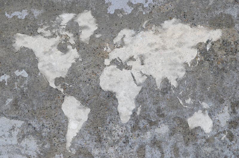 World map on old painted concrete wall.