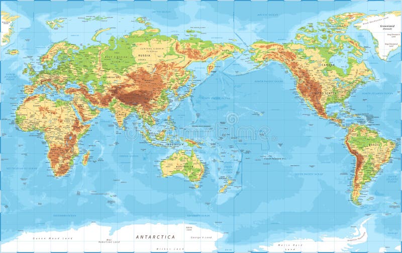 World Map - Pacific China Asia View - Physical Topographic - Vector