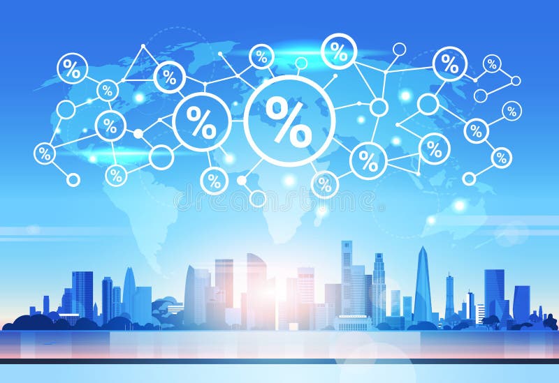 World map percent icon financial analytics network futuristic interface connection concept skyline sunset cityscape vector illustration World map percent icon financial analytics network futuristic interface connection concept skyline sunset cityscape vector illustration
