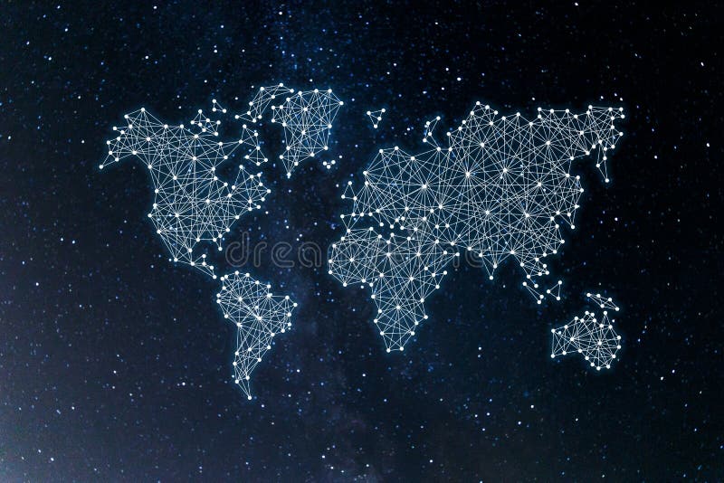 World map on the principle of neural networks on the universe background. World community and network royalty free stock photos