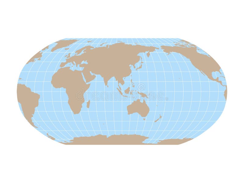 World Map in Robinson Projection with meridians and parallels grid. Asia and Australia centered. Brown land and blue sea