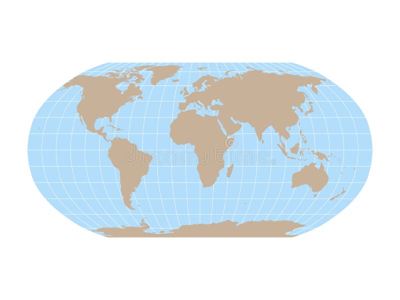 World Map in Robinson Projection with meridians and parallels grid. Brown land and blue sea. Vector illustration