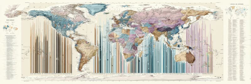 This map displays global regions with distinct colors representing different geographical features, time zones, and annotations relevant to each area. Annotations ai stock images, royalty-free photos and pictures