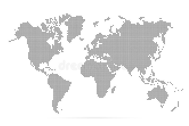 World map with square dot. Black dotted squares world map isolated on white background. Pixels silhouette worldmap. Simple flat wallpaper. Planet halftone pattern for design print. Vector illustration.