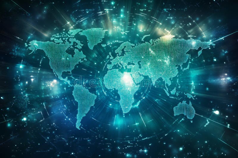 World map on a tech backdrop showcasing global business and internet connectivity symbols vector illustration