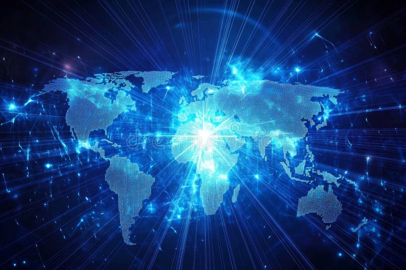 World map on a tech background with internet symbols showcasing global business concepts royalty free illustration