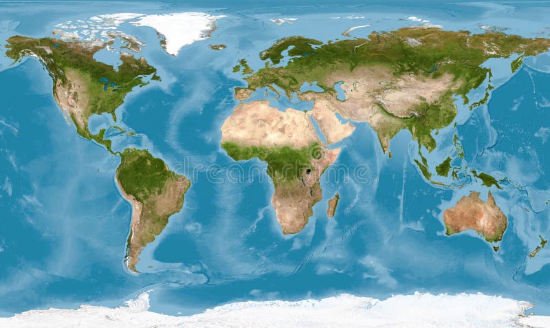 World map with texture on global satellite photo, Earth view from space. Detailed flat map of continents and oceans