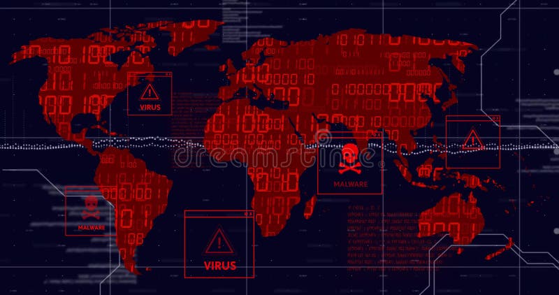World map with virus and malware warnings, cybersecurity threat animation royalty free illustration