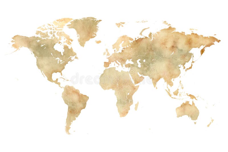 Mappa del Mondo ad Acquerello - Illustrazione Vettoriale Decorativa Artistica della Mappa del Mondo in Tonalità Marrone, Grigio e illustrazione vettoriale
