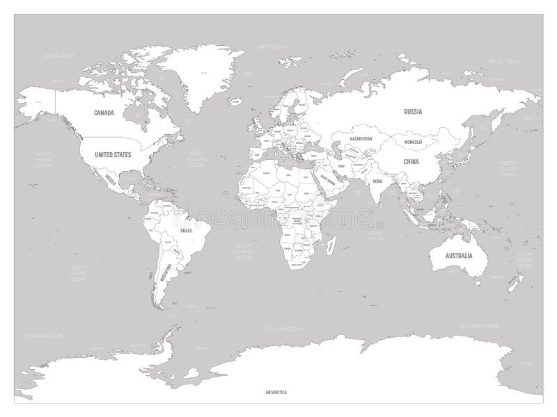 World Map White Lands And Grey Water High Detailed Political Map Of