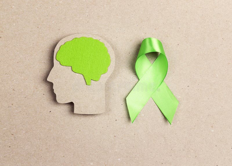 World mental health day concept. Green awareness ribbon and brain symbol