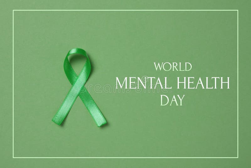 World Mental Health Day. Green Ribbon on Wooden Background, Top View ...