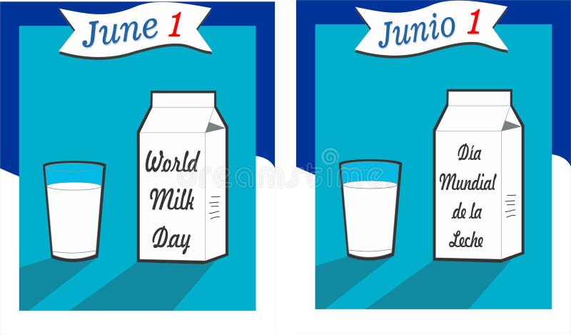 World Milk Day- Dia Mundial de la leche vector 
Blue and white background, a glass and a milk carton, june 1